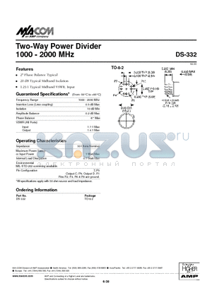 DS-332 datasheet - Two-Way Power Divider 1000 - 2000 MHz