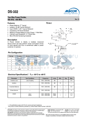 DS-332PIN datasheet - Two-Way Power Divider, 400 KHz - 400 MHz