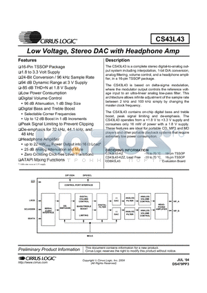 CS43L43-KZZ datasheet - Low Voltage,Stereo DAC With Headphone Amp