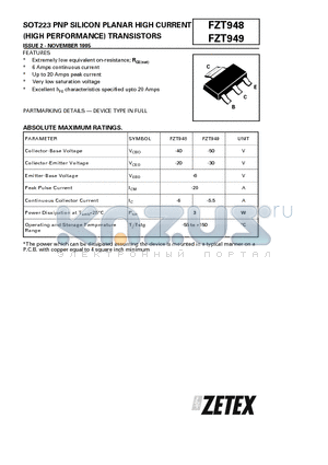 FZT948 datasheet - PNP SILICON PLANAR HIGH CURRENT (HIGH PERFORMANCE) TRANSISTORS