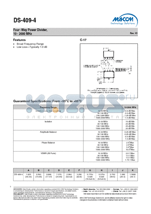 DS-409-4 datasheet - Four -Way Power Divider, 10 - 2000 MHz