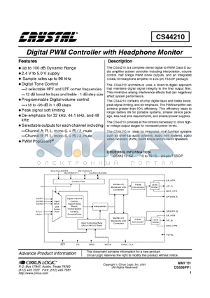 CS44210 datasheet - DIGITAL PWM CONTROLLER WITH HEADPHONE MONITOR