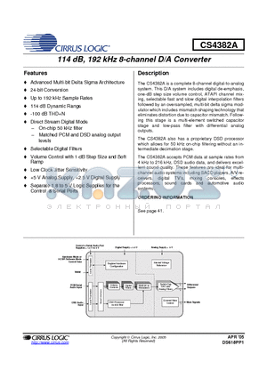 CS4382A-EQZ datasheet - 114 dB, 192 kHz 8-channel D/A Converter