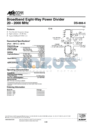 DS-808-4 datasheet - Broadband Eight-Way Power Divider 20 - 2000 MHz