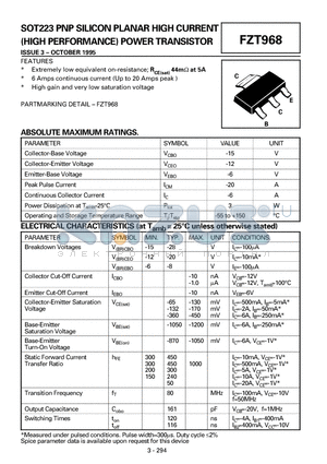 FZT968 datasheet - PNP SILICON PLANAR HIGH CURRENT (HIGH PERFORMANCE) POWER TRANSISTOR
