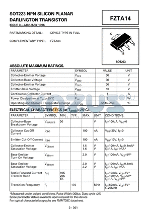 FZTA14 datasheet - SOT223 NPN SILICON PLANAR