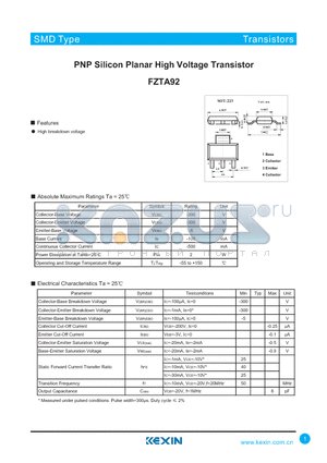 FZTA92 datasheet - PNP Silicon Planar High Voltage Transistor