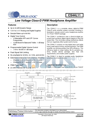 CS44L11-CZZ datasheet - Low Voltage Class-D PWM Headphone Amplifier