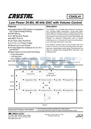CS43L41-KZ datasheet - Low Power 24-Bit, 96 kHz DAC with Volume Control