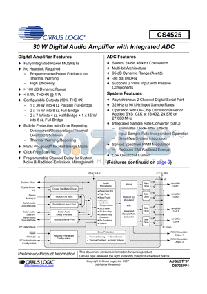 CS4525_07 datasheet - 30 W Digital Audio Amplifier with Integrated ADC