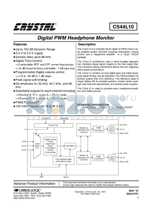 CS44L10-KZ datasheet - Digital PWH Headphone Monitor