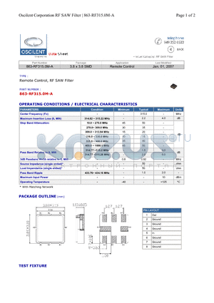863-RF315.0M-A datasheet - Remote Control, RF SAW Filter