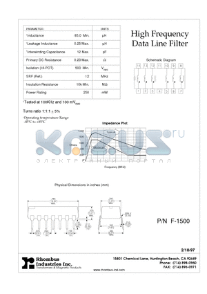 F-1500 datasheet - High Frequency Data Line Filter