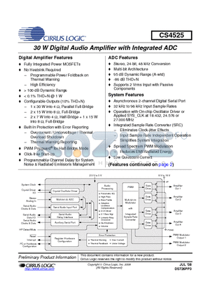 CS4525 datasheet - 30 W Digital Audio Amplifier with Integrated ADC