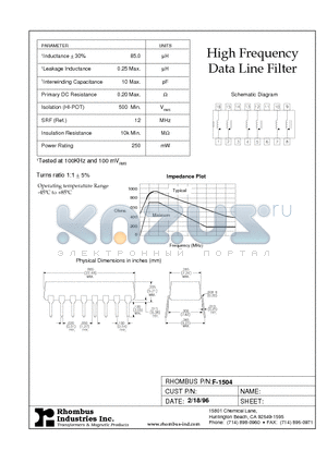 F-1504 datasheet - High Frequency Data Line Filter