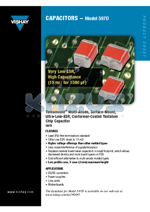 597D datasheet - Tantamount^ Multi-Anode, Surface-Mount,Ultra-Low-ESR, Conformal-Coated Tantalum Chip Capacitor