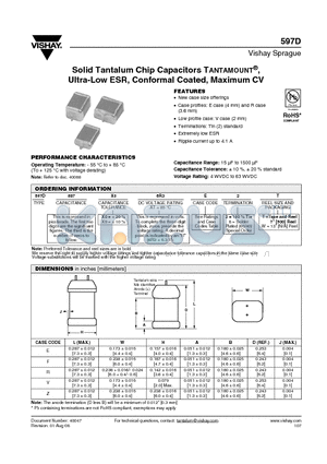 597D687X06R3E2W datasheet - Solid Tantalum Chip Capacitors TANTAMOUNT^,Ultra-Low ESR, Conformal Coated, Maximum CV