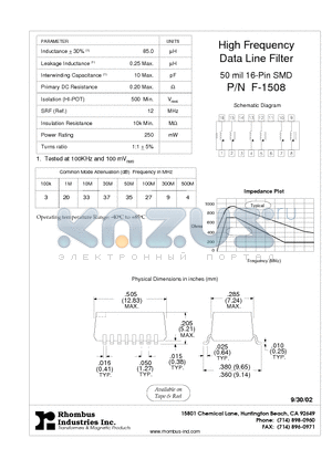 F-1508 datasheet - High Frequency Data Line Filter