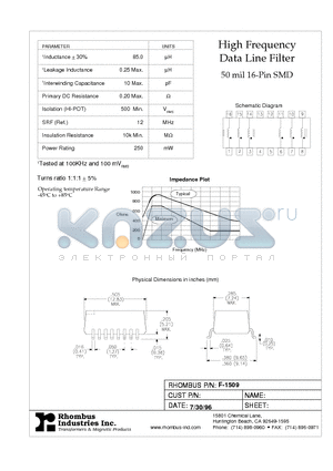 F-1509 datasheet - High Frequency Data Line Filter