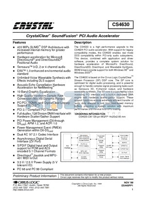 CS4630-CM datasheet - CrystalClear SoundFusion PCI Audio Accelerator