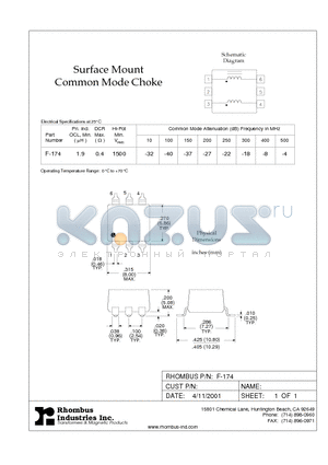 F-174 datasheet - Surface Mount Common Mode Choke