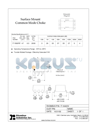 F-1900HV datasheet - Surface Mount Common Mode Choke