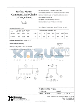 F-1915 datasheet - Surface Mount Common Mode Choke