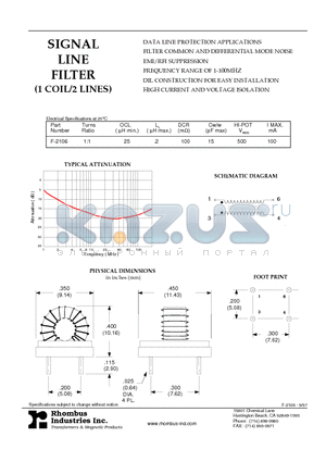 F-2106 datasheet - SIGNAL LINE FILTER