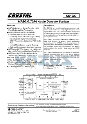 CS4922-CL datasheet - MPEG/G.729A AUDIO DECODER SYSTEM