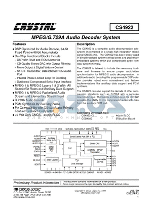 CS4922 datasheet - MPEG/G.729A AUDIO DECODER SYSTEM