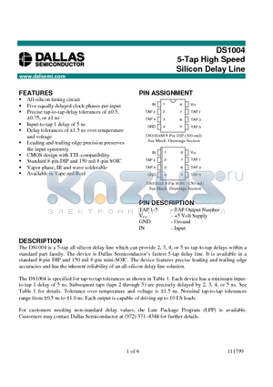 DS1004M-5 datasheet - 5-Tap High Speed Silicon Delay Line