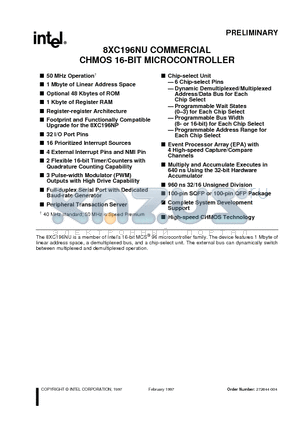 864073 datasheet - 8XC196NU COMMERCIAL CHMOS 16-BIT MICROCONTROLLER