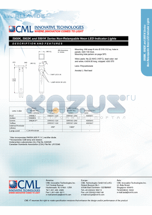 5991K5-12V datasheet - Non-Relampable Neon LED Indicator Lights