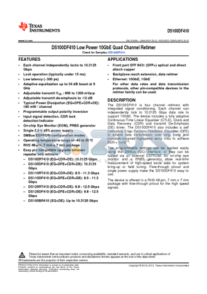 DS100DF410SQE datasheet - DS100DF410 Low Power 10GbE Quad Channel Retimer