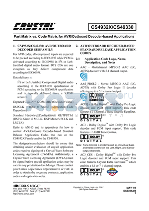 CS4932X datasheet - Part Matrix vs. Code Matrix for AVR/Outboard Decoder-based Applications