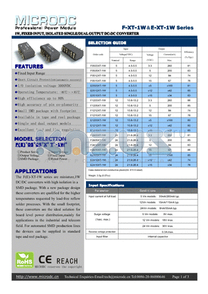 F-XT-1W datasheet - 1W, FIXEDINPUT, ISOLATED SINGLE/DUALOUTPUTDC-DCCONVERTER