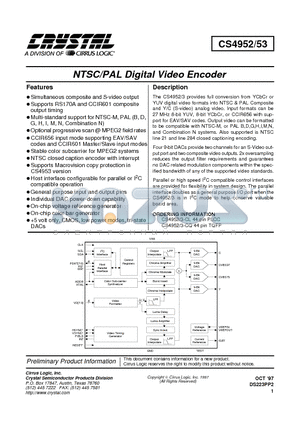 CS4952-CL datasheet - NTSC/PAL Digital Video Encoder