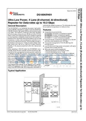 DS100KR401 datasheet - Ultra Low Power, 4 Lane (8-channel, bi-directional) Repeater for Data-rates up to 10.3 Gbps