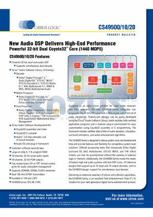 CS49520 datasheet - New Audio DSP Delivers High-End Performance Powerful 32-bit Dual Coyote32 Core (1440 MOPS)