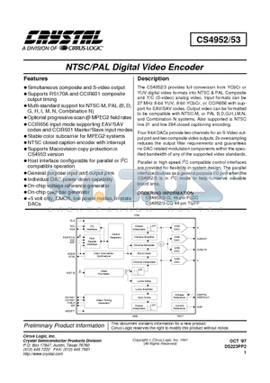 CS4953-CL datasheet - NTSC/PAL Digital Video Encoder