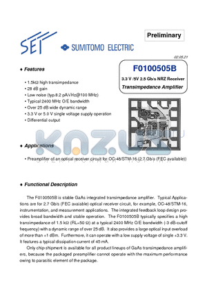 F0100505B datasheet - 3.3 V /5V 2.5 Gb/s NRZ Receiver Transimpedance Amplifier