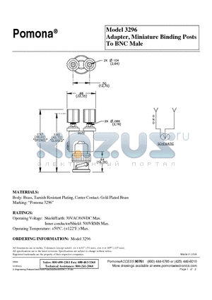 3296 datasheet - Adapter, Miniature Binding Posts To BNC Male