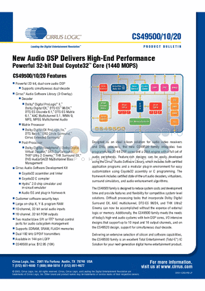 CS49510 datasheet - New Audio DSP Delivers High-End Performance Powerful 32-bit Dual Coyote32 Core (1440 MOPS)