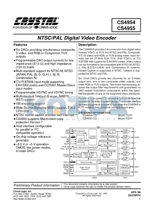 CS4955 datasheet - NTSC/PAL Digital Video Encoder