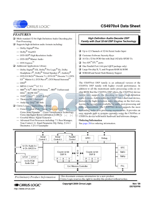 CS497004-CQZ datasheet - High Definition Audio Decoder DSP Family with Dual 32-bit DSP Engine Technology