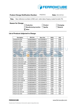 F02_2012 datasheet - New reference numbers (12NC) and order data of epoxy coated toroids (TX)