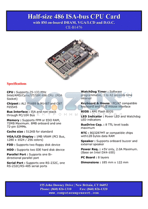 CE-B1476 datasheet - Half Half-size 486 ISA size 486 ISA-bus CPU Card bus CPU Card with 8M on with 8M on-board DRAM, VGA/LCD and D.O.C. board DRAM, VGA/LCD and D.O.C.