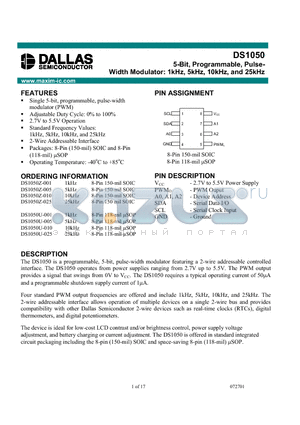 DS1050U-001 datasheet - 5-Bit, Programmable, Pulse-Width Modulator: 1kHz, 5kHz, 10kHz, and 25kHz