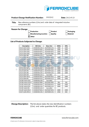 F03_2012 datasheet - New reference numbers (12nc) and order data of integrated inductive components (IIC)