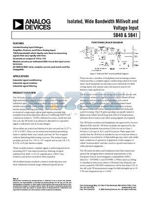 5B40-01 datasheet - Isolated, Wide Bandwidth Millivolt and Voltage Input